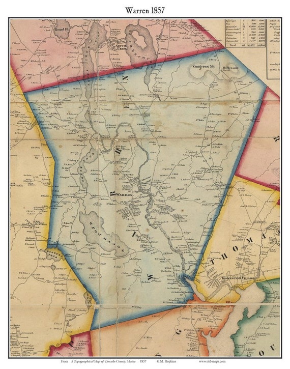 Warren 1857 Old Town Map with Homeowner Names Maine St George River -  Reprint Lincoln County ME TM