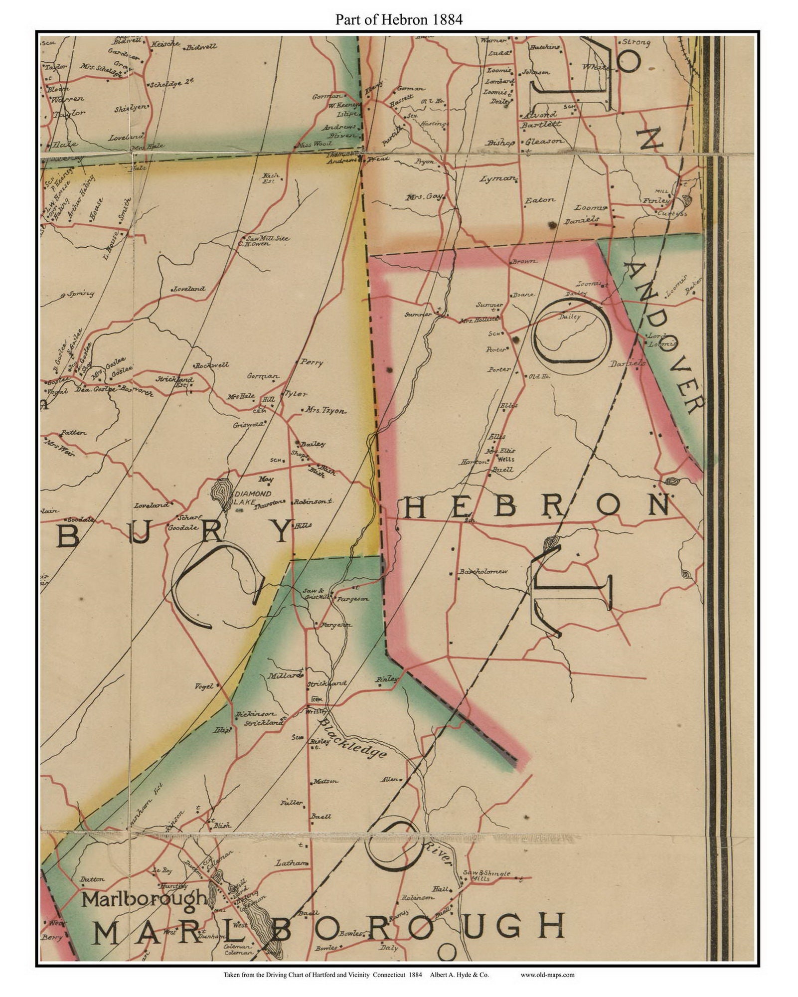 Hebron, Part of 1884 Old Town Map with Homeowner Names Connecticut Reprint Hartford Vicinity CT