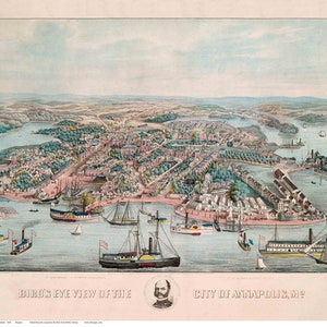 Annapolis, Maryland - 1864  - Birds Eye View Old Map Reprint