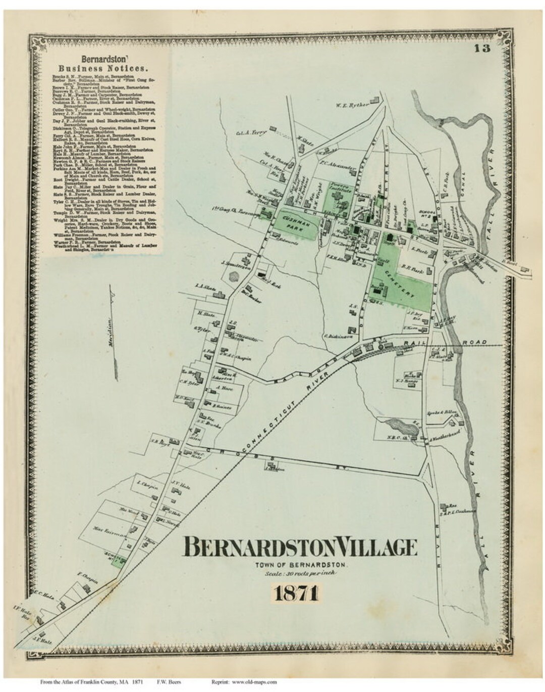 Bernardston Village 1871 Old Town Map Reprint Franklin County