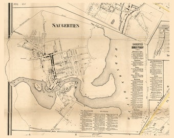 Saugerties Village New York 1858 map Homeowners names - Ulster Co. Genealogy - Reprint NY TM