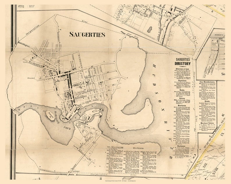 Saugerties Village New York 1858 Map Homeowners Names Ulster Etsy