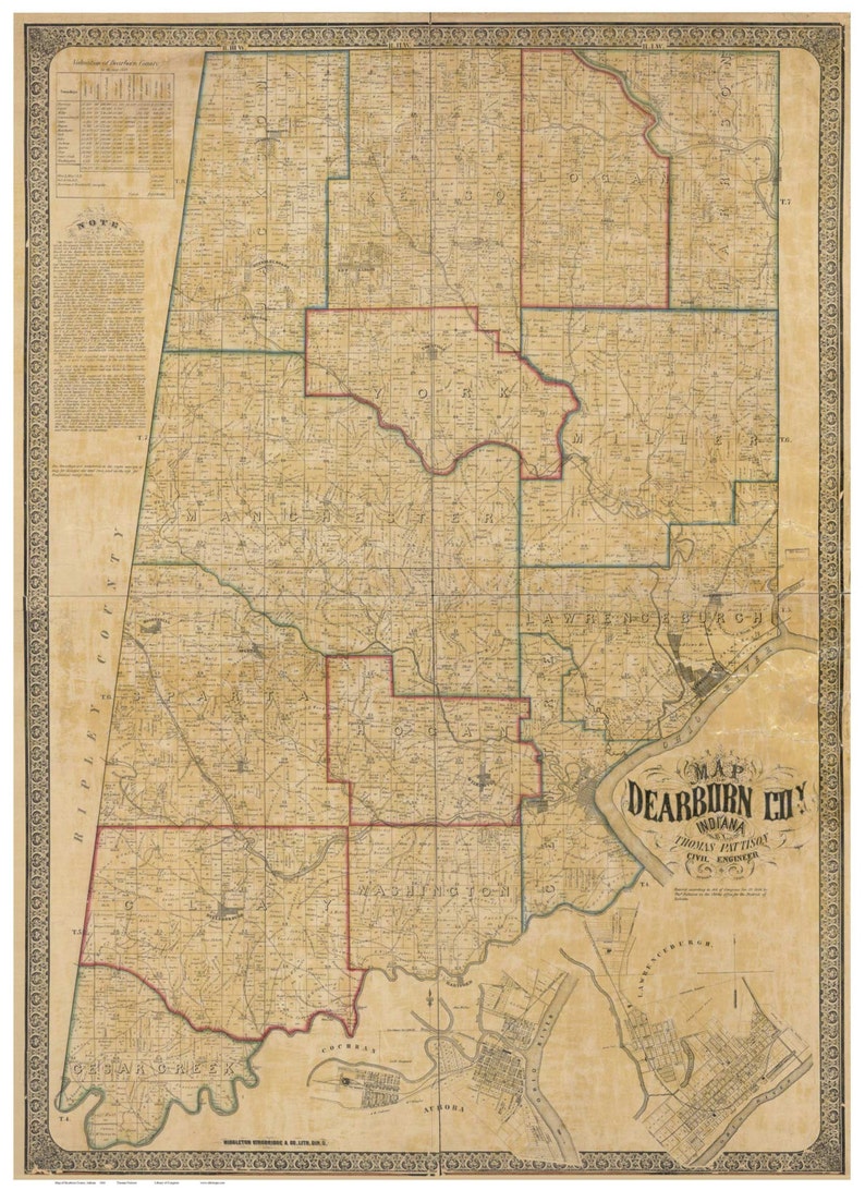 Dearborn County Indiana 1860 Old Wall Map Reprint With - Etsy