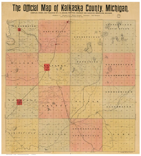 Kalkaska County Michigan 1898 Wall Map Reprint With Etsy