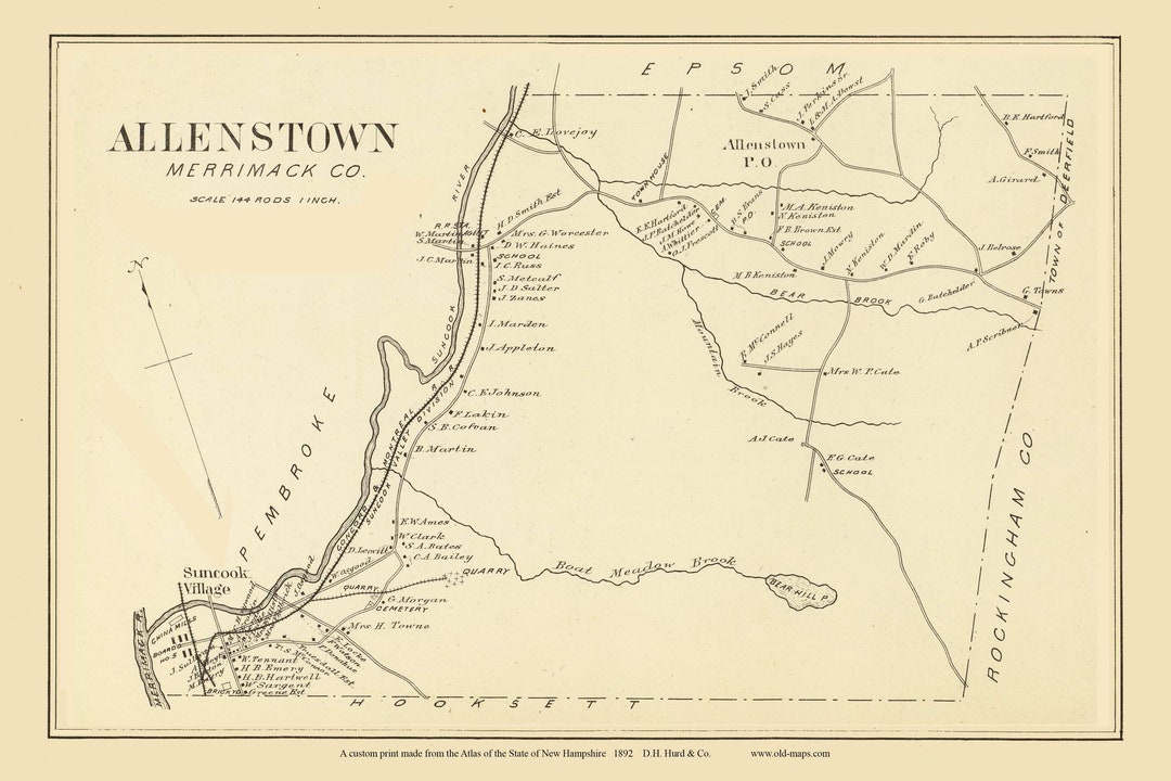 Allenstown 1892 Map Homeowner Names Custom Reprint Merrimack County New