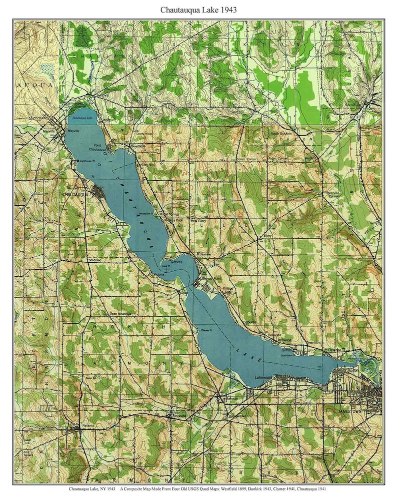 Chautauqua Lake 1943 USGS Old Topographic Map Custom Etsy
