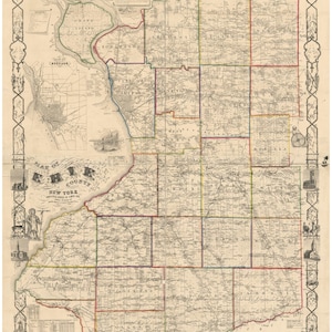Erie County  New York 1854  - Old Wall Map Reprint with Homeowner Names - Genealogy