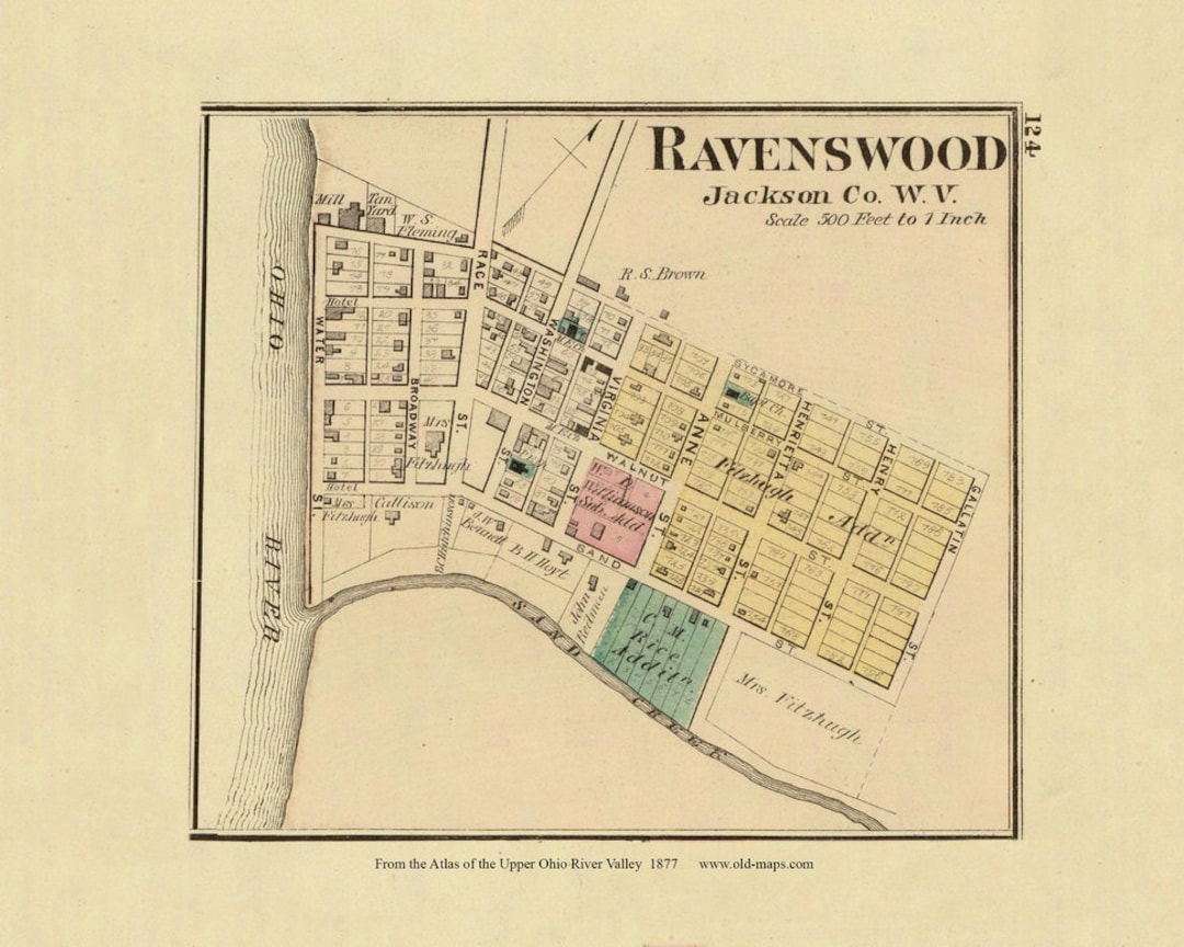 Ravenswood 1877 Old Town Map Jackson County West Virginia Ohio Valley