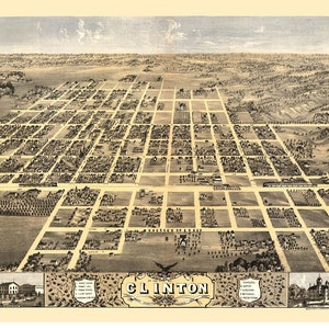 Clinton Illinois - 1869 - Birds Eye View Reprint