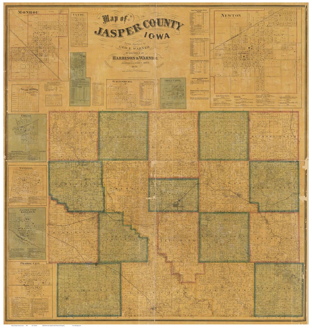 Jasper County Iowa 1871 Old Wall Map With Landowner Names Farm Lines Genealogy Reprint Etsy