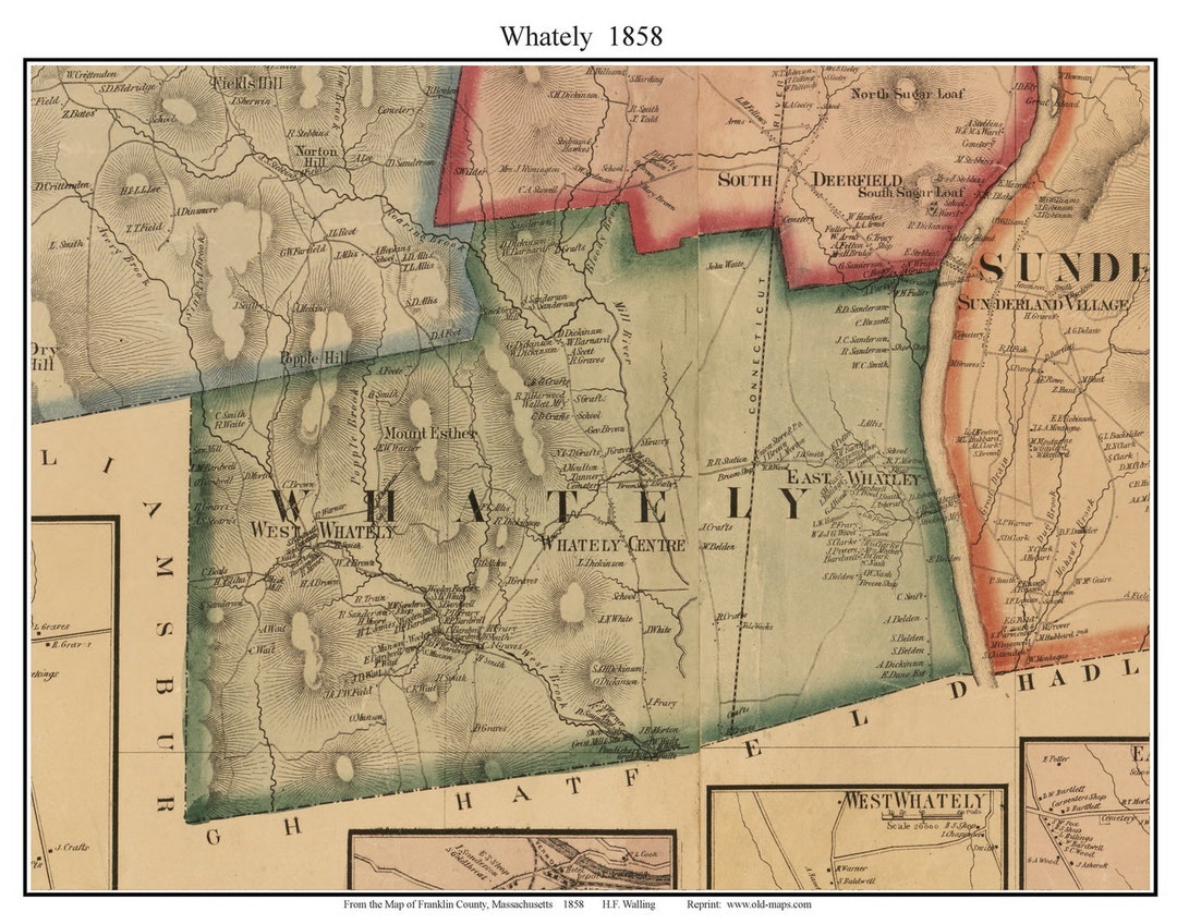 Whately 1858 Old Town Map With Homeowner Names massachusetts Reprint