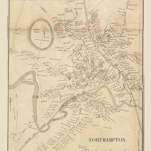 May include: An antique map of Northampton Center, Massachusetts, from 1856. The map shows the layout of the town, including streets, buildings, and landmarks. The map is printed in black and white on a cream-colored paper. The text "Northampton Center 1856" is printed at the top of the map. The text "NORTHAMPTON" is printed in a larger font at the bottom of the map. The text "SCALE 40 Rods to an Inch" is printed below the town name.