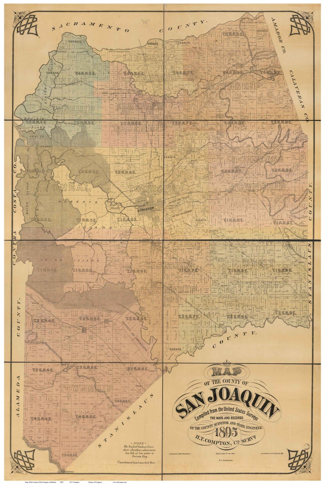 San Joaquin County California 1895 Old Wall Map Reprint With Etsy