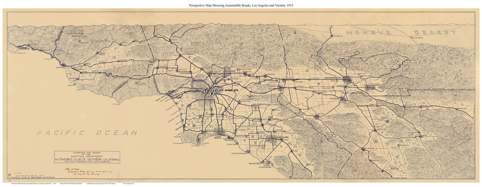 Los Angeles California 1915 - Old Road Map Reprint - California