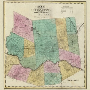 May include: A vintage map of Montgomery County, New York, published by David H. Burr. The map is divided into townships, with each township colored differently. The map includes a key that explains the different colors and symbols used on the map.