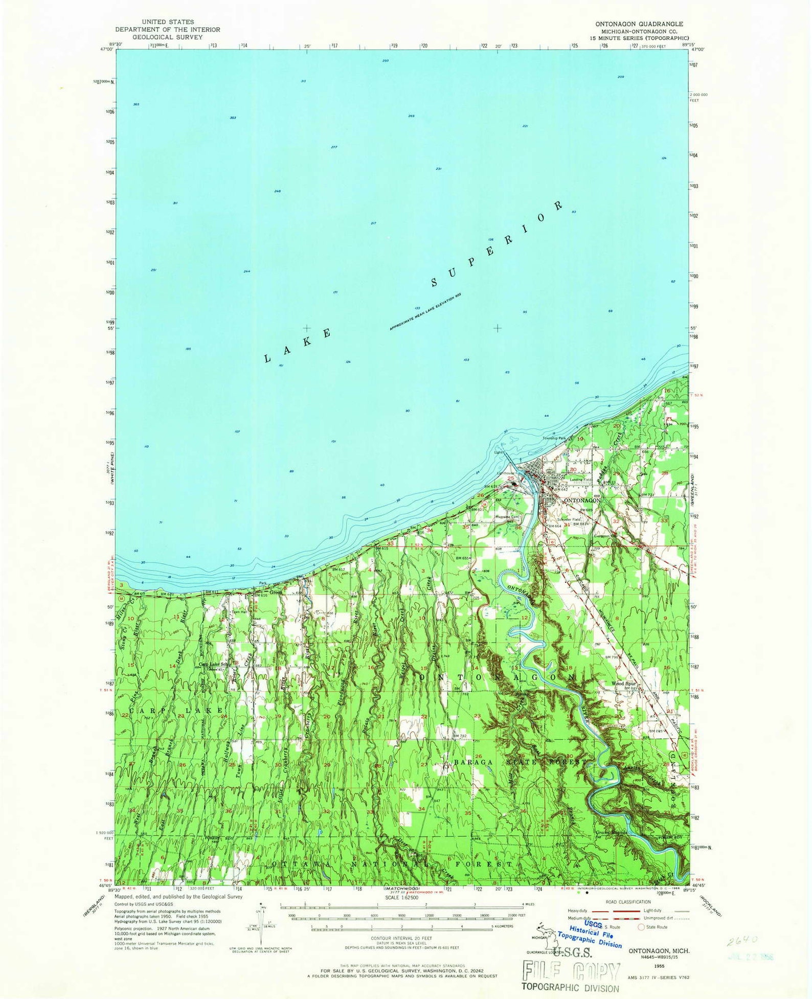 Ontonagon 1955 1966 Old Topo Map Lake Superior quad Etsy