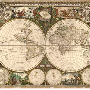 May include: An antique world map with a decorative border featuring ornate floral designs and mythical creatures. The map is divided into two hemispheres, showing the continents of North America, South America, Europe, Asia, Africa, and Australia. The map is titled "Nova Totius Terrarum Orbis Tabula Autore F. De Wit."