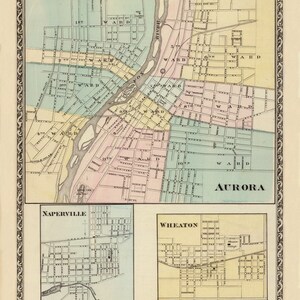 Aurora Naperville Wheaton 1876  Illinois - Warner Beers  - Old Map Reprint IL State Atlas - Cities