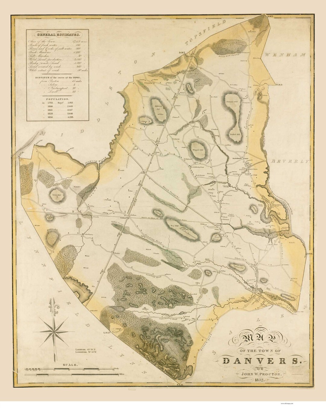 Danvers 1832 Old Town Map Homeowner Names Massachusetts Reprint County