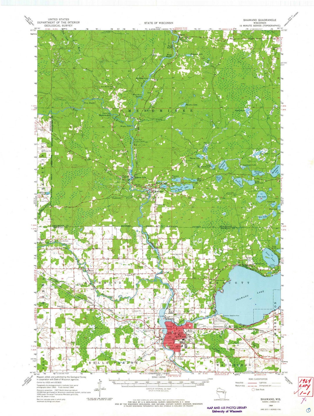 Shawano Map Shawano 1964 1965 Old Topo Map Shawano Lake Keshena Quad Reprint 15x15 ...