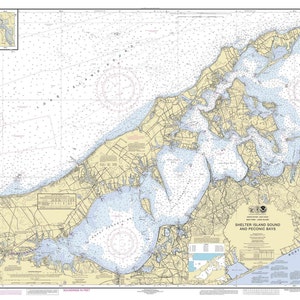 May include: A nautical chart of Shelter Island Sound and Peconic Bays, New York. The chart shows the coastline, waterways, and islands in the area. It includes depth soundings, navigational aids, and other important information for boaters.