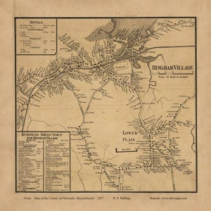 Hingham Village 1857 Old Town Map with Homeowner Names Lower Plains Massachusetts - Reprint Plymouth County  MA TM