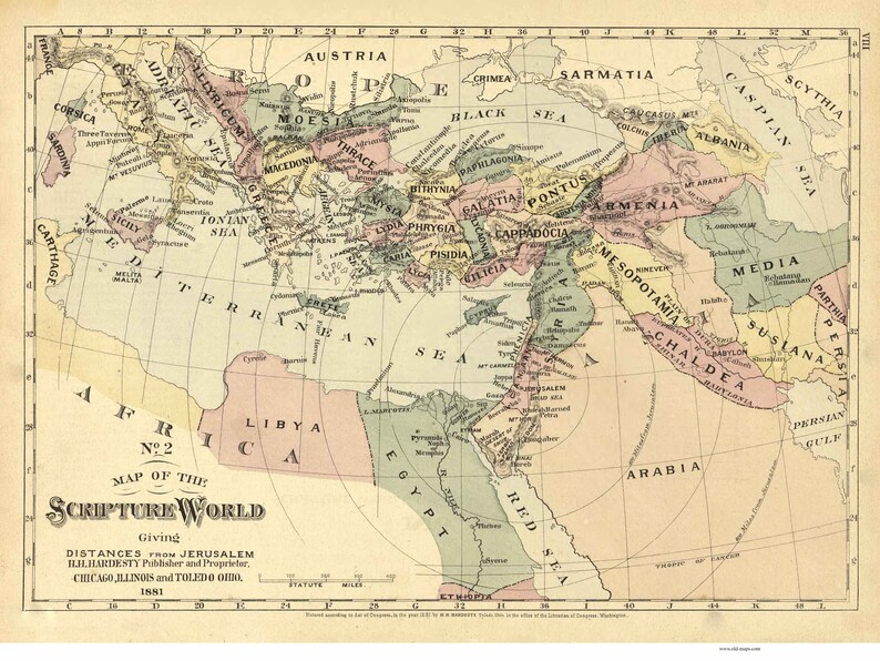 Bible Reseach Historical Hand Atlas 2 Scripture World from Jerusaleum 1881 Old Map Reprint Middle East