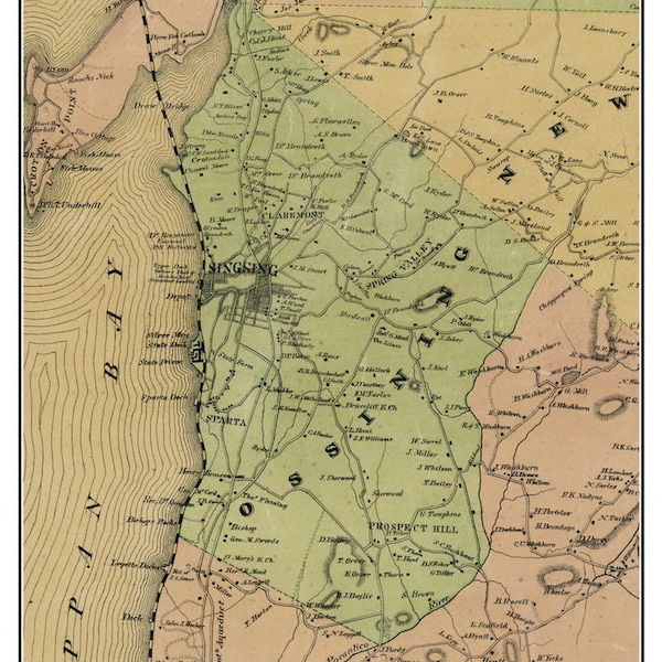 Ossining 1858 Old Town Map with Homeowner Names New York Sing Sing - Reprint Genealogy Westchester County NY TM