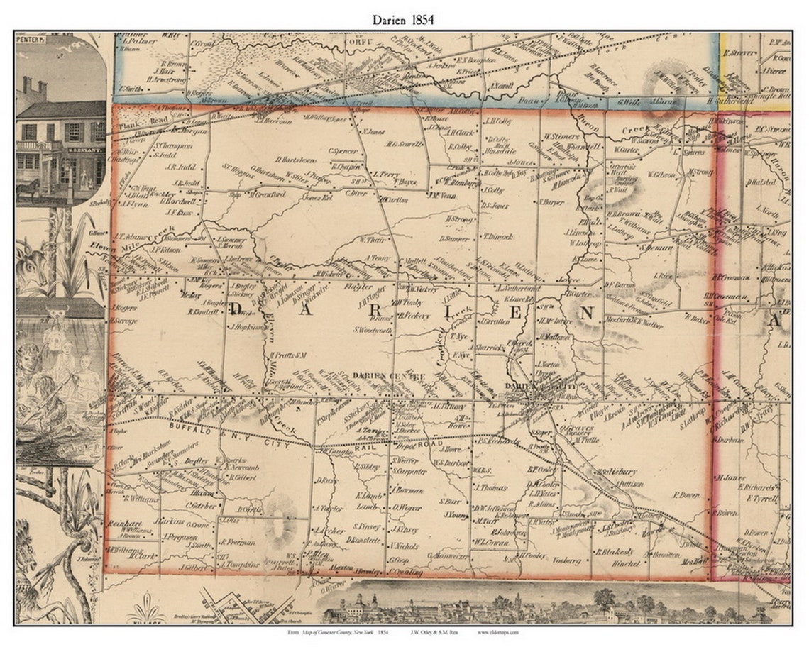Darien 1854 Old Town Map With Homeowner Names New York Longs Etsy