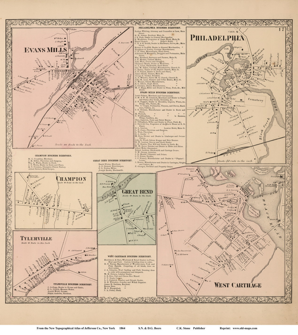 Philadelphia, Evans Mills, Great Bend, W Carthage, Champion, Tylerville 1864 - Old Town Map Reprint - Jefferson Co. New York,  NY Atlas