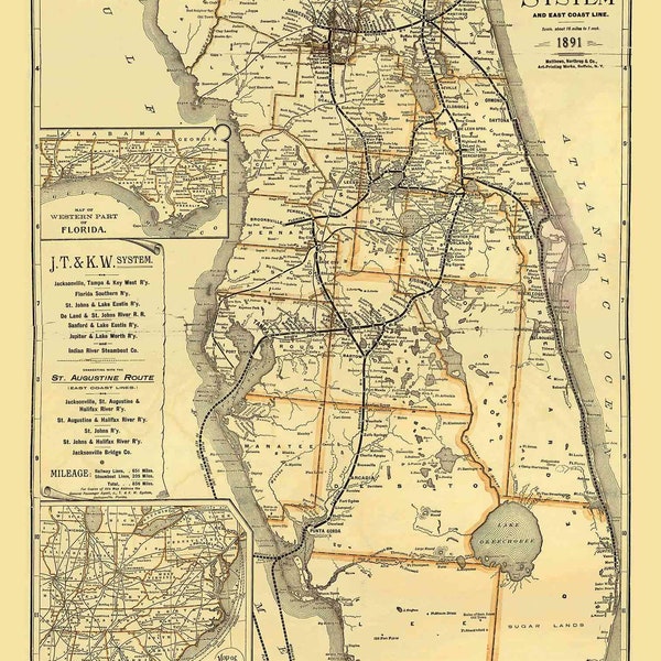 Florida 1891 State Map - Matthews Northrup - Railroads Reprint