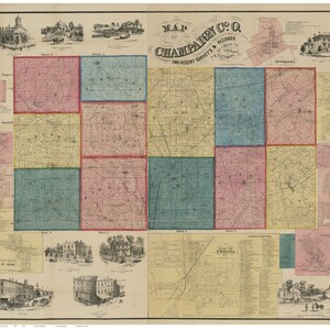 May include: An antique map of Champaign County, Illinois, with a detailed grid of townships and roads. The map is printed in black and white with colored sections for different townships. The map includes a title "Map of Champaign Co. and Recent Surveys & Records" and a key with abbreviations for different features.