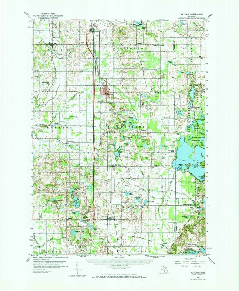 quad reprint 15x15 Prairieville Gun Lake USGS Topographic Michigan 2785585 Wayland 1959 Old Topo Map 1973