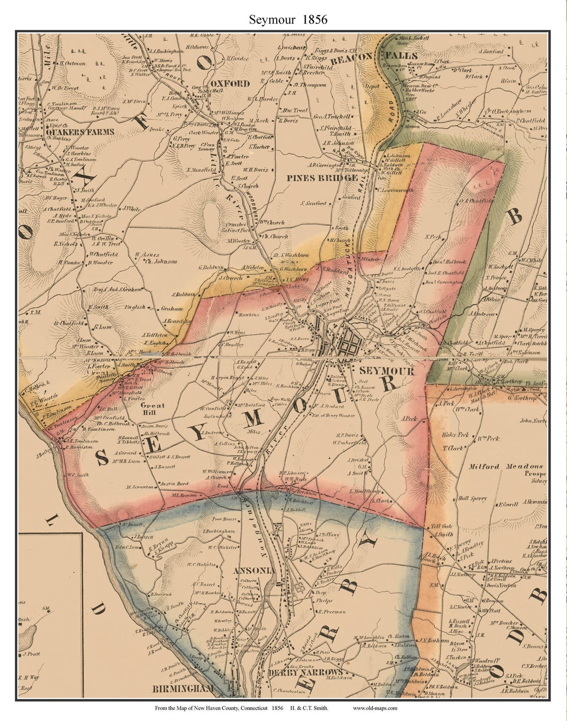 Seymour 1856 Old Town Map With Homeowner Names Connecticut Reprint New