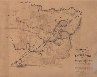 Murfreesboro Battlefield at Stones River ca. 1865 Landowner names Old Map Reprint Tennessee  TN Cities