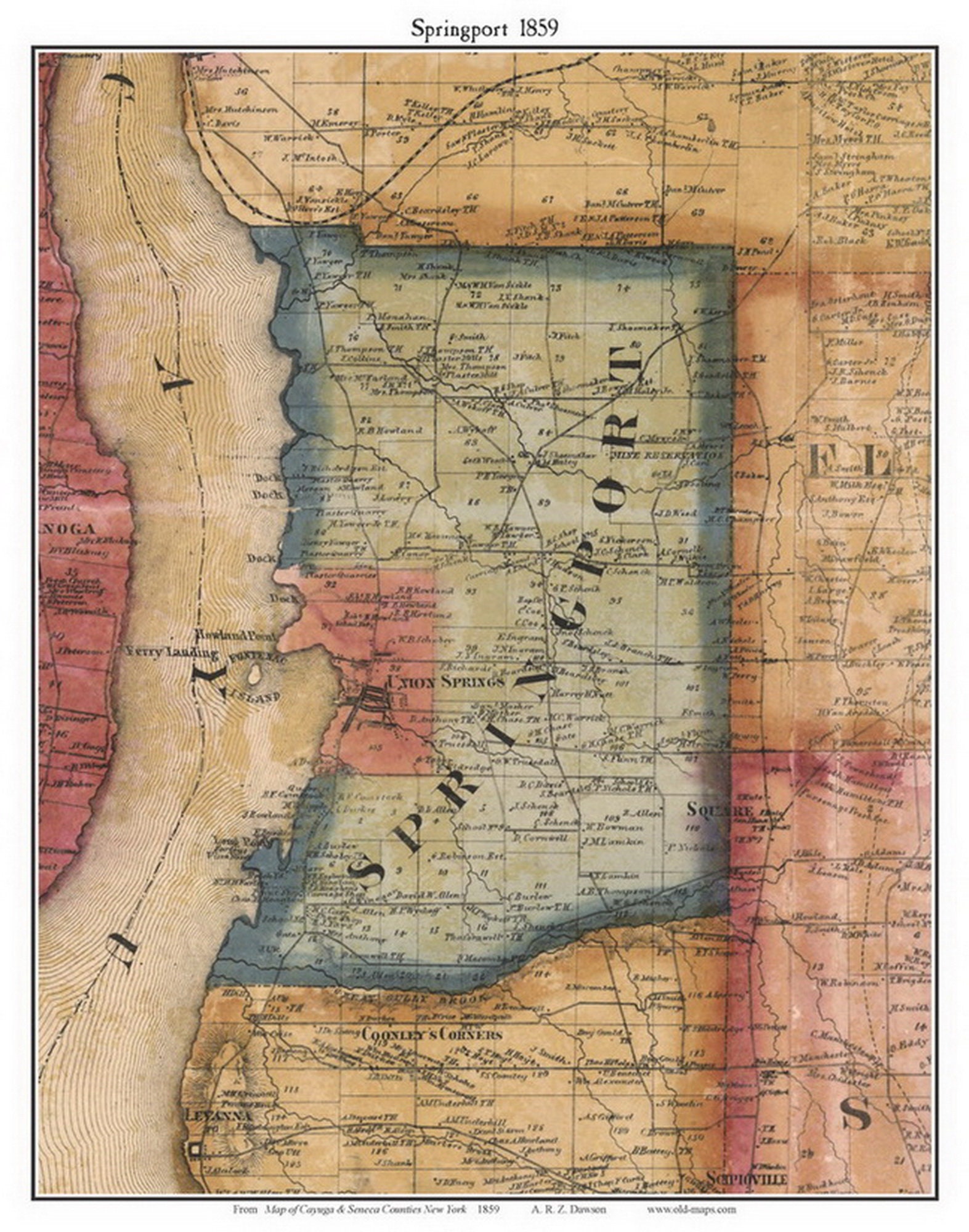 Springport 1853 Map Springport 1859 Old Town Map With Homeowner Names New York Union ...