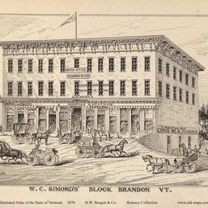 May include: A black and white engraving of a three-story brick building with a sign that reads "Union Office, Simonds Block". The building has a storefront with large windows and a set of stairs leading up to the entrance. There are several horse-drawn carriages in front of the building.