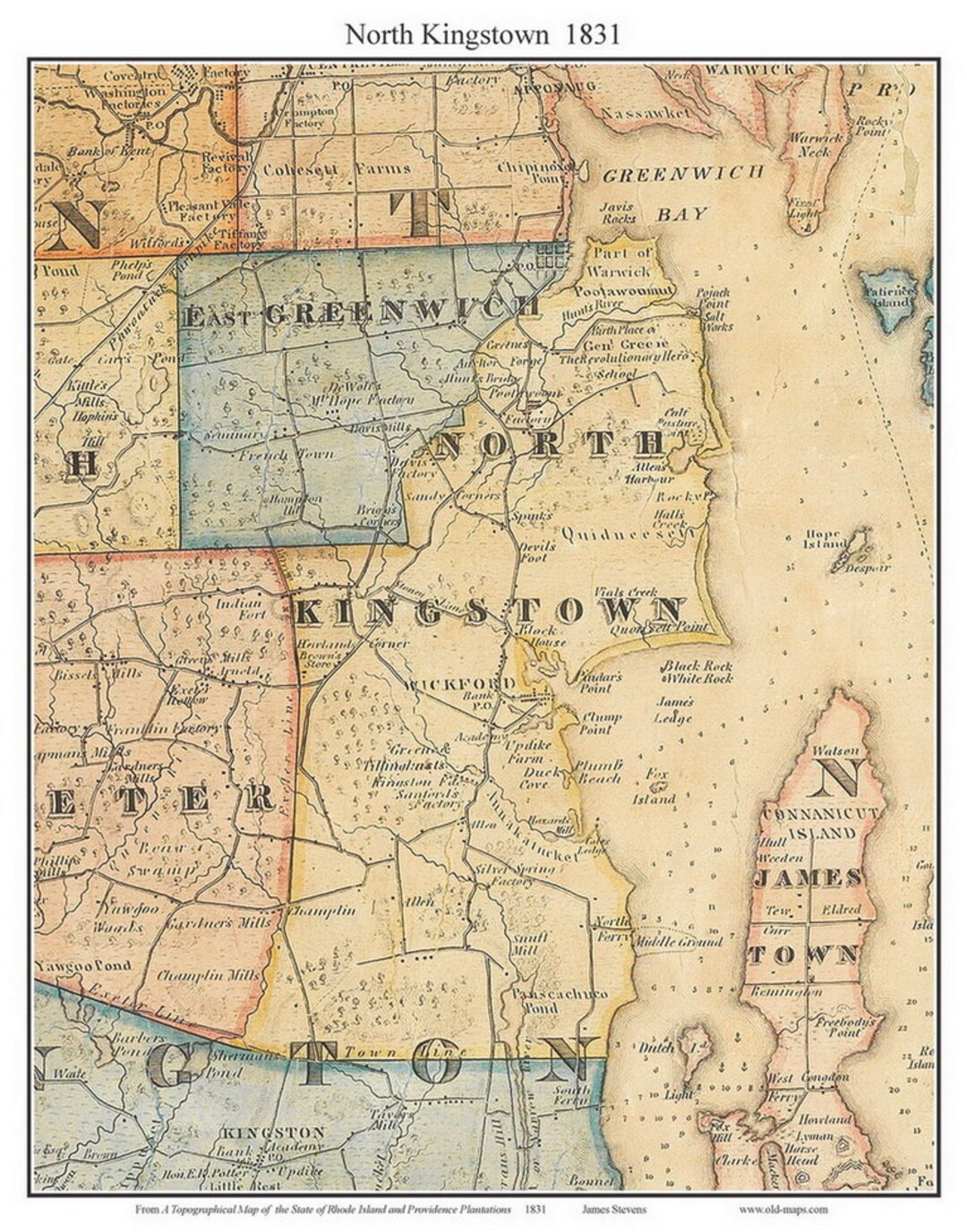 North Kingstown 1831 Old Town Map With Homeowner Names Rhode Island