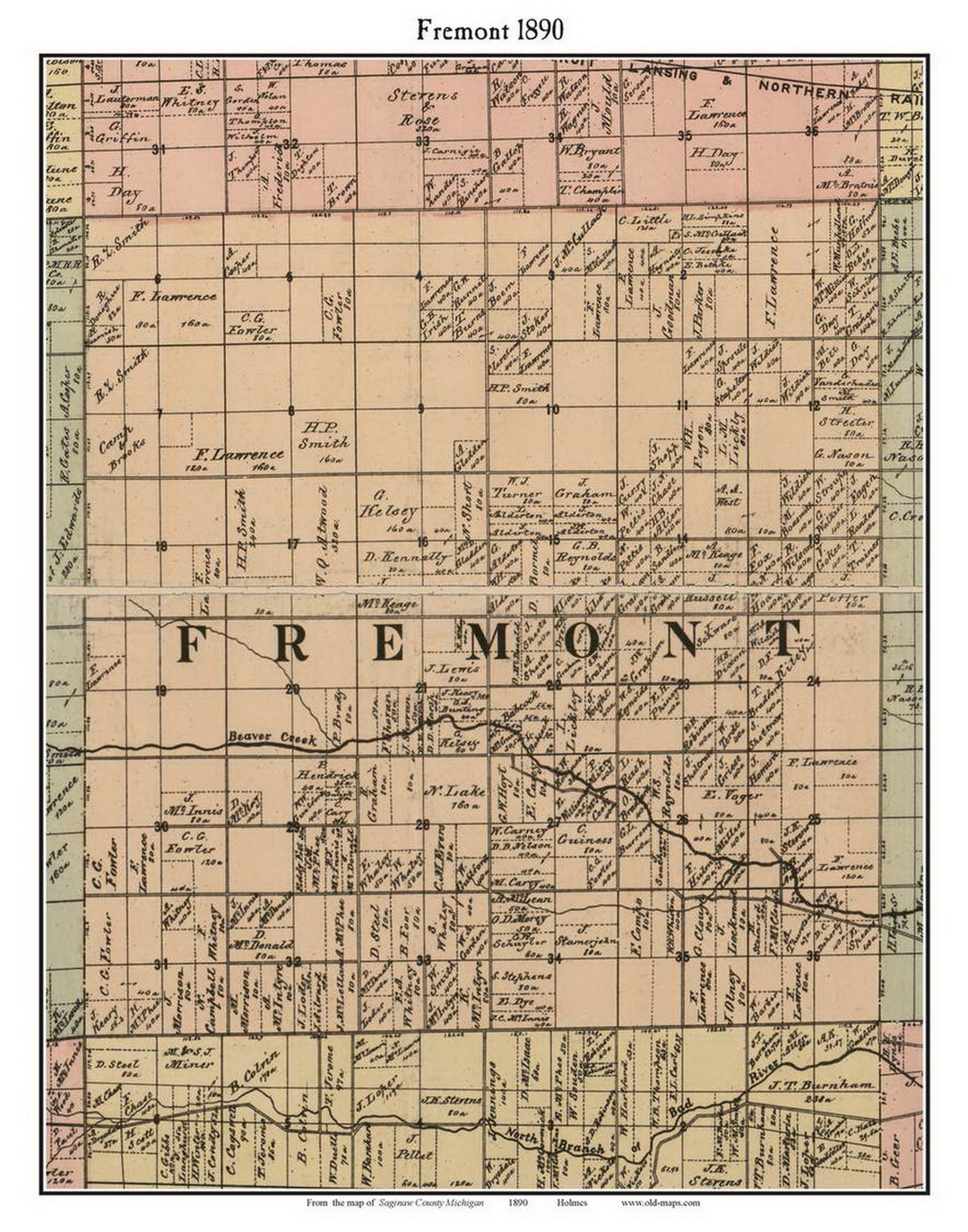Fremont 1890 Old Town Map With Homeowner Names Michigan