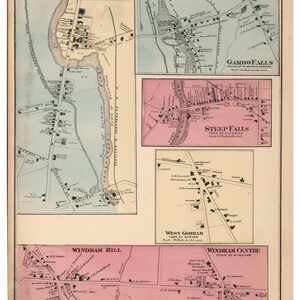 May include: An antique map of Windham County, Maine, from 1871. The map shows the towns of Windham, Gorham, Standish, and the villages of Little Falls, Steep Falls, Gambo Falls, and Windham Hill. The map is printed in black and white with colored borders around each town and village.