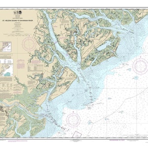 May include: A nautical chart of St. Helena Sound to Savannah River, South Carolina. The chart shows the coastline, waterways, and islands in the area. The chart is printed in black and white with blue and green accents. The chart is titled "St. Helena Sound to Savannah River" and includes a compass rose and a scale bar.