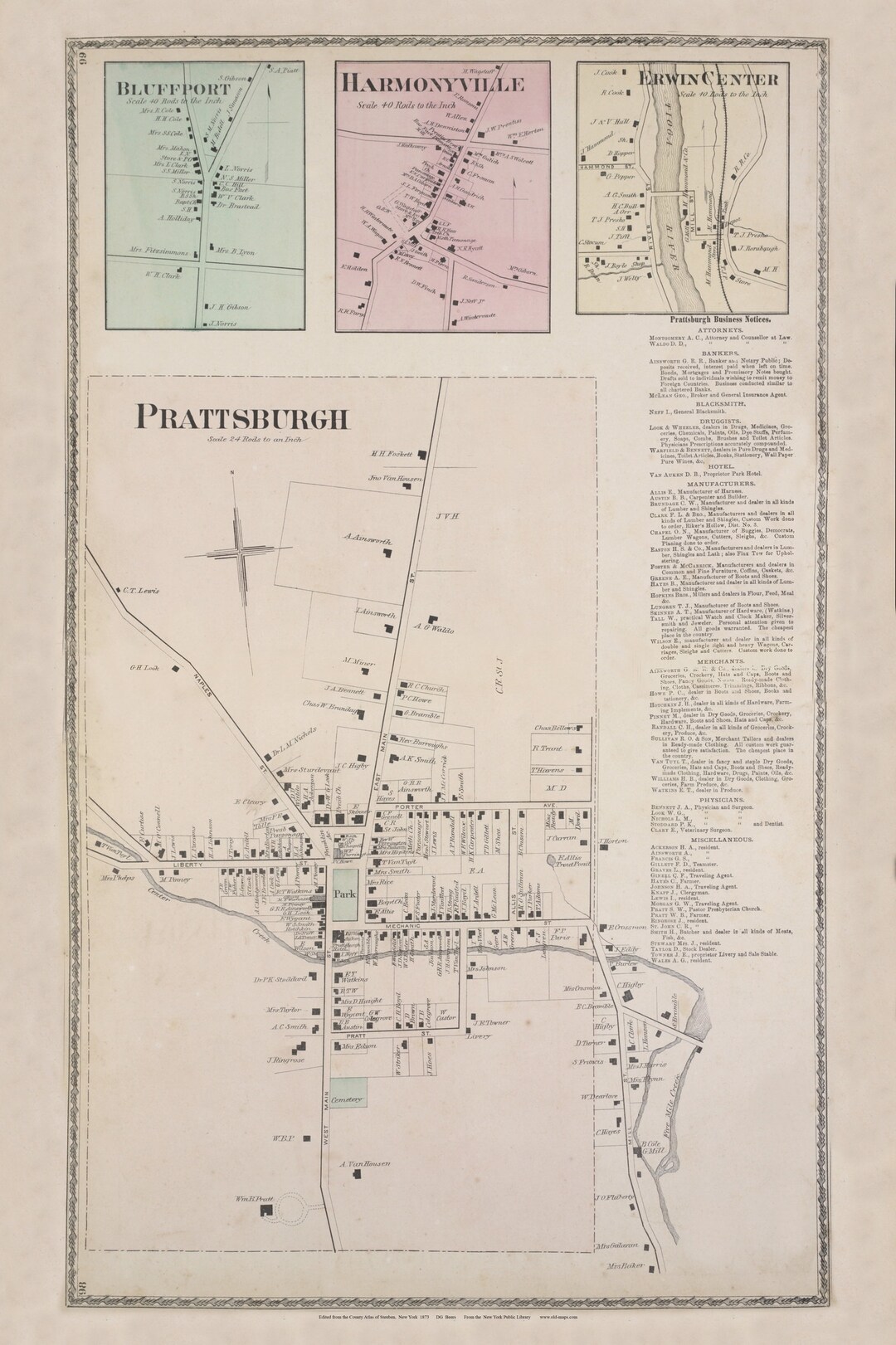 Prattsburgh Village 1873 Map Bluffport Harmonyville Erwin Etsy