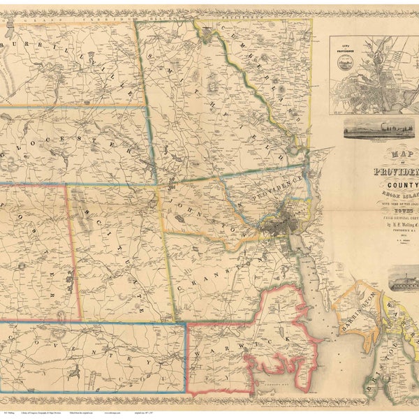 Providence County, Rhode Island 1851 - Old Wall Map Reprint with Homeowner Names