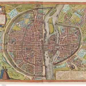 Old Map of Paris 1572 France -- Shows old city wall with a moat and buildings in 3-D -- Reprint -- City Maps