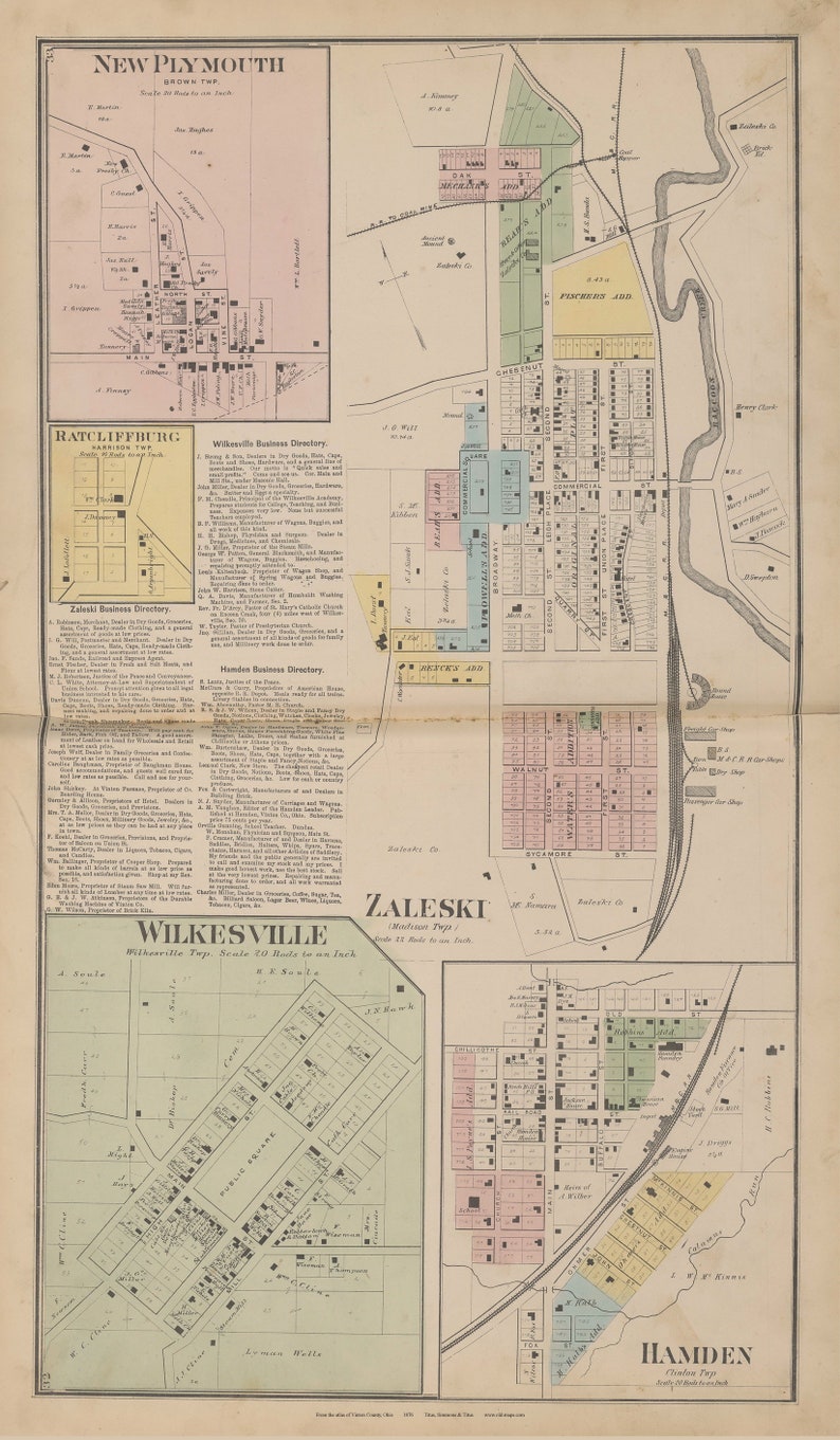 Zaleski 1876 Old Town Map With Homeowner Names Ohio Reprint Genealogy