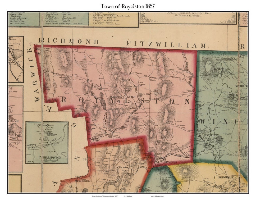 Royalston 1857 Old Town Map With Homeowner Names Massachusetts Reprint
