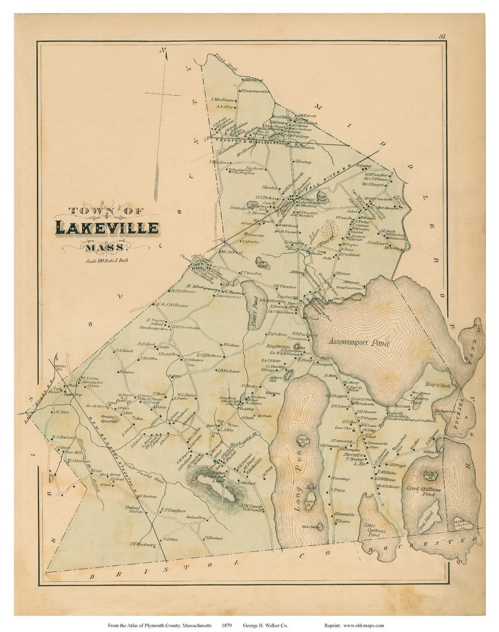 Lakeville 1879 Old Town Map Reprint Assowampset Pond Etsy