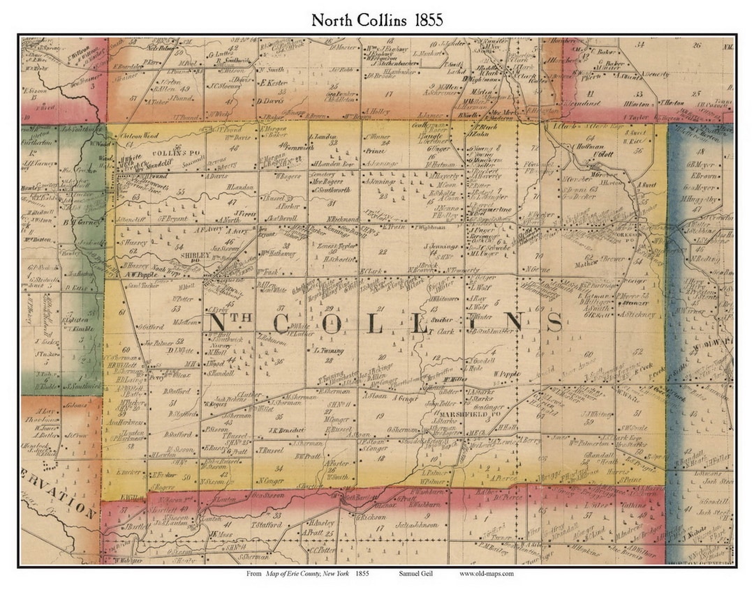 North Collins 1855 Old Town Map With Homeowner Names New York Reprint