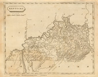 Könnte beinhalten: Eine Vintage-Karte von Kentucky aus dem Jahr 1812, die die Grenzen des Bundesstaates, Flüsse und wichtige Städte zeigt. Die Karte ist in Schwarzweiß auf cremefarbenem Papier gedruckt. Der Titel "Kentucky" ist in einer dekorativen Schriftart oben auf der Karte gedruckt. Die Karte ist unten mit "Edited from the original at the Rumsey Collection" beschriftet.