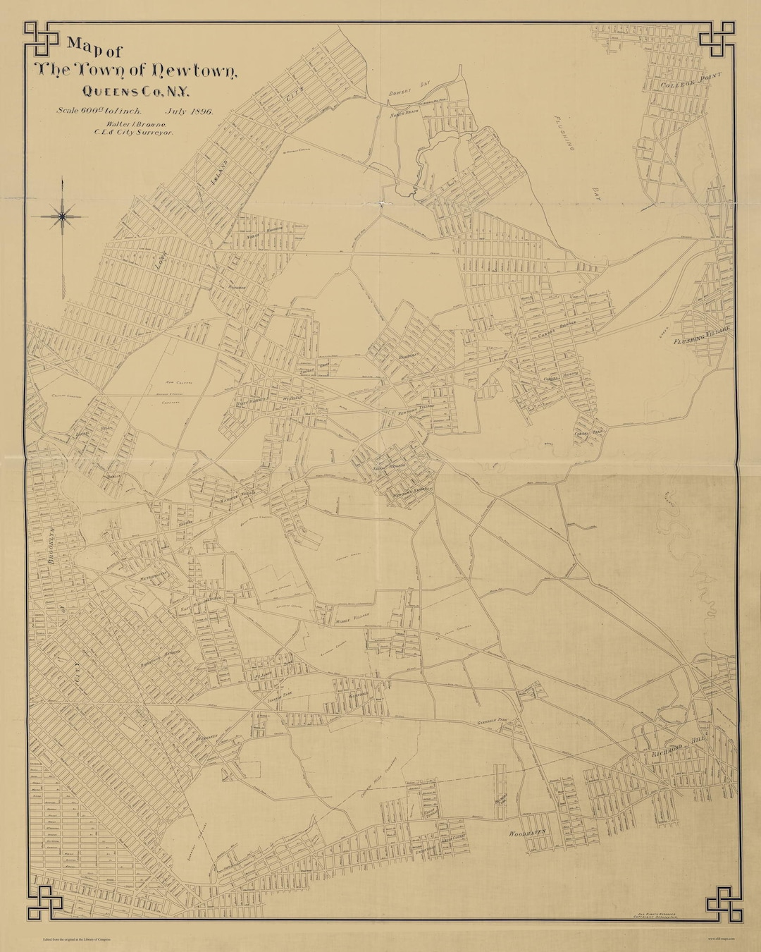 Newtown Elmhurst New York Old Map Reprint 1896 Homeowner Names Genealogy Queens Co NY Cities